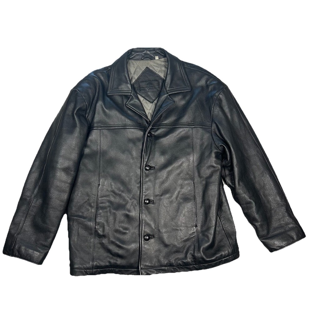 Roundtree And Yorke Black Leather Jacket Men's XL Quilted Inside Moto Buttons